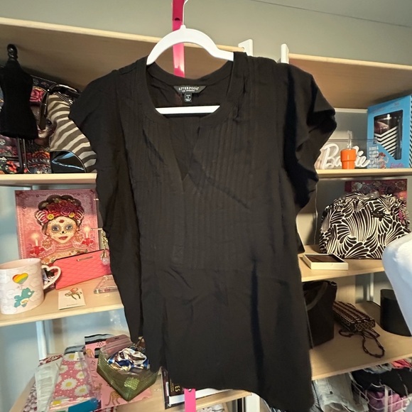 Liverpool Tops - Liverpool Small Petite Black Asymmetrical Blouse with Bib Collar